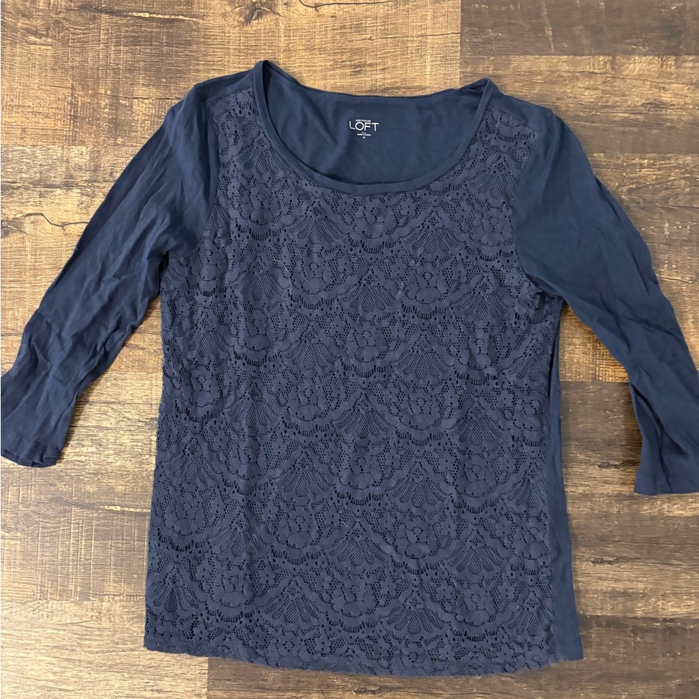 LOFT Deep Navy Blue Lace Long Sleeve Top